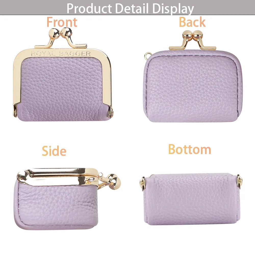 Royal Bagger Wallet Genuine Leather Kiss Lock Coin Purse Solid Color Square Leather Jewelry Bag Multifunctional Mini Small Item