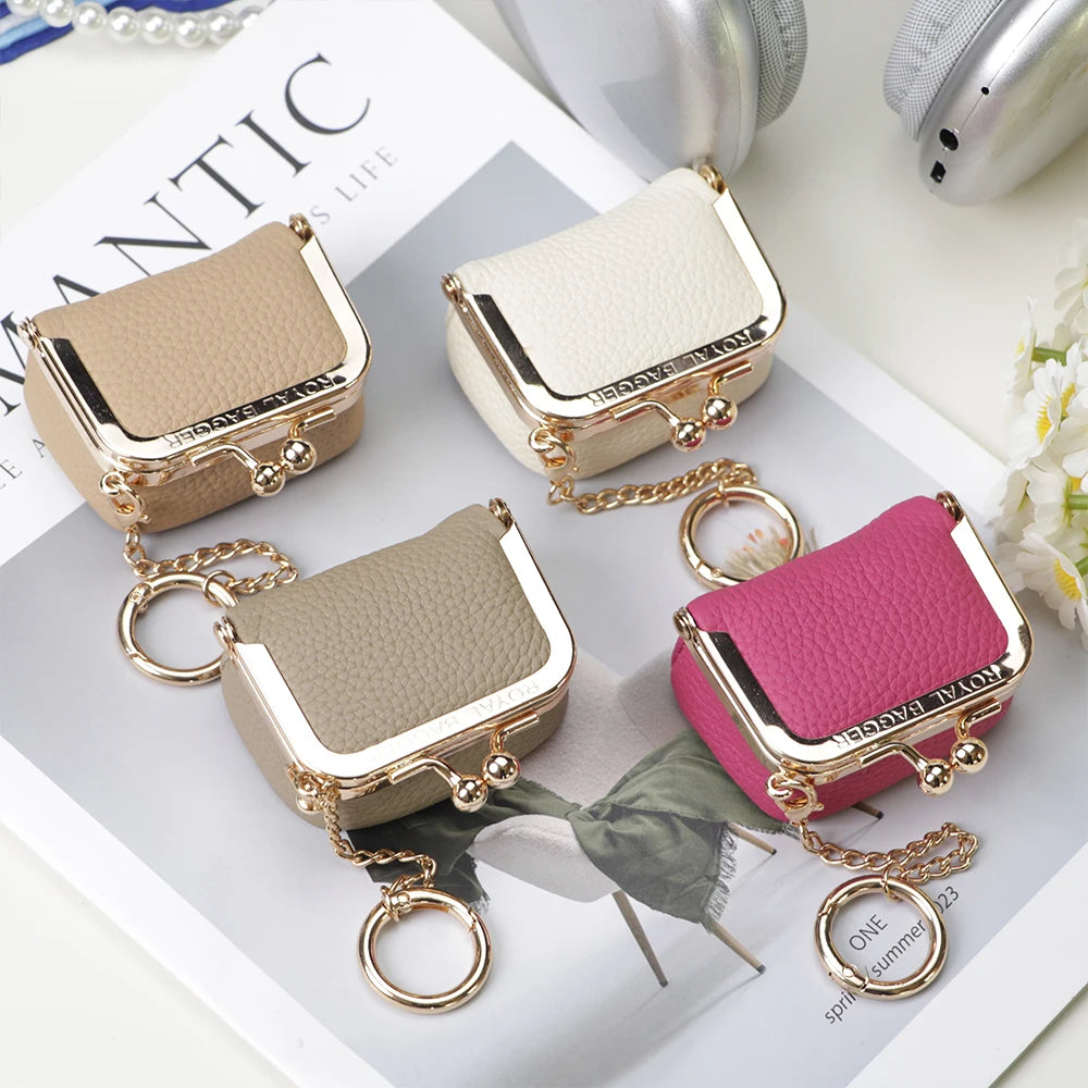 Royal Bagger Wallet Genuine Leather Kiss Lock Coin Purse Solid Color Square Leather Jewelry Bag Multifunctional Mini Small Item