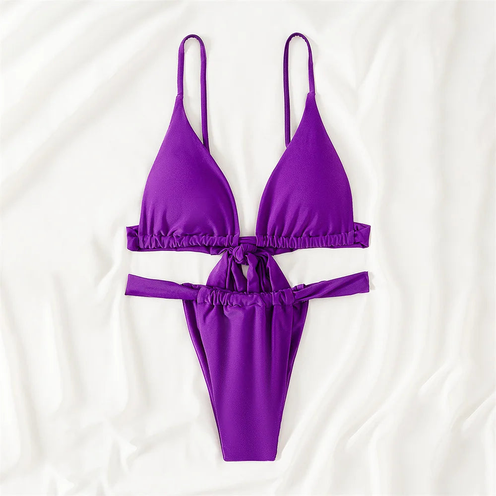 Purple Bikini Triangle Sling Extrem Push Up Swimsuit Backless Bandage Swimwear Women Holiday Beach Outfit Bathing Suit Sexys Set
