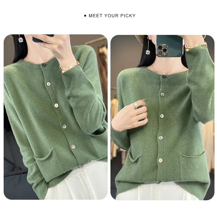 Women's Round Neck Knitted Solid Color Double Pocket Sweater For Autumn And Winter Warm And Loose Knit Cardigan Soft Wool Top ZD