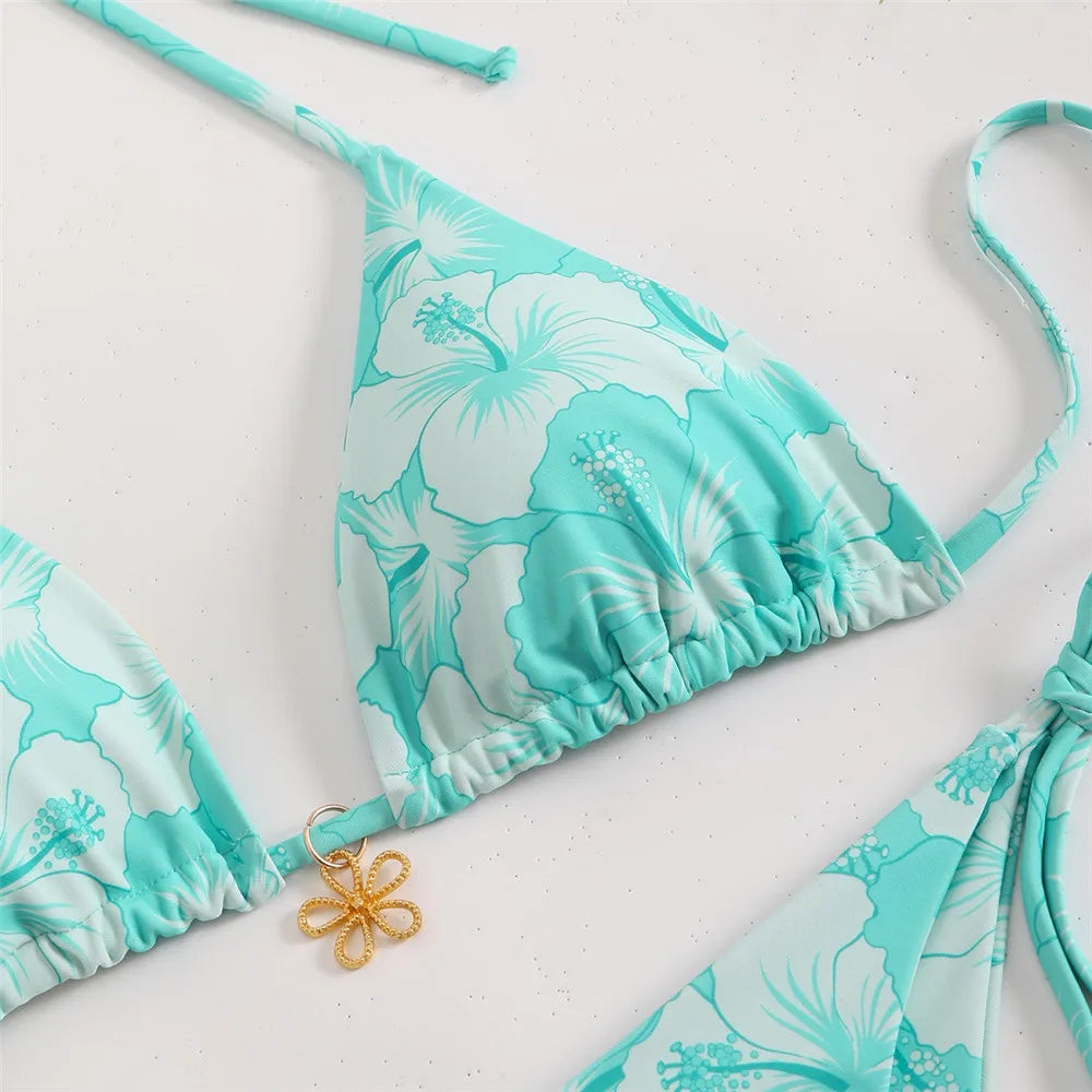 Blue Floral Print Swimwear Halter String Triangle Bikini Micro Mini Thong Sexy Swimsuit Women 2026 Bather Biquinis Bikinis Sets