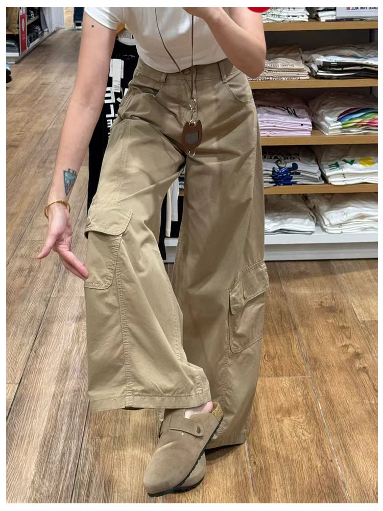 American Style plus Size Military Green Denim Pants Women's Spring Loose Slim Wide Leg Casual Trousers Multiple Pockets