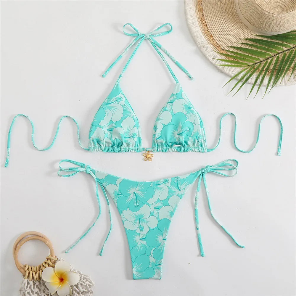 Blue Floral Print Swimwear Halter String Triangle Bikini Micro Mini Thong Sexy Swimsuit Women 2026 Bather Biquinis Bikinis Sets