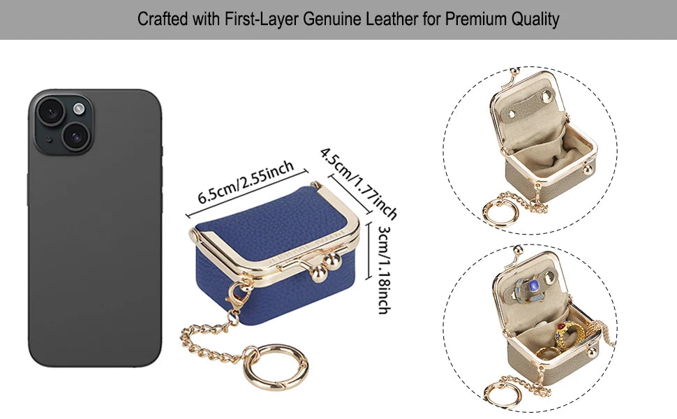 Royal Bagger Wallet Genuine Leather Kiss Lock Coin Purse Solid Color Square Leather Jewelry Bag Multifunctional Mini Small Item