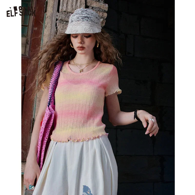 ELFSACK 2025 Summer Black Fungus Edge Round Neck Short Sleeve Casual Knitted Sweater For Women