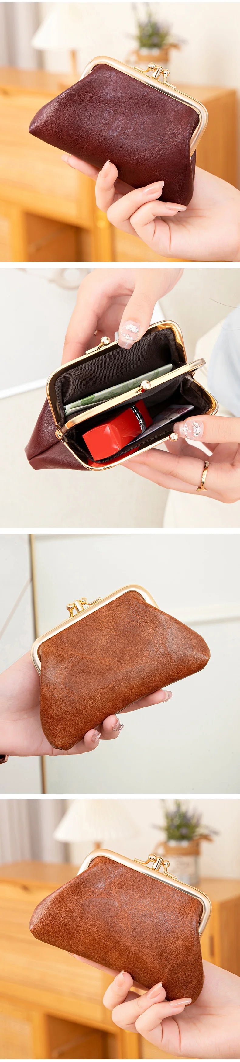 Cute Clip Lock Women's Coin Purse Retro Solid Color Bifold Kiss Lock Small Wallet Simple PU Leather Lipstick Portable Pocket Bag