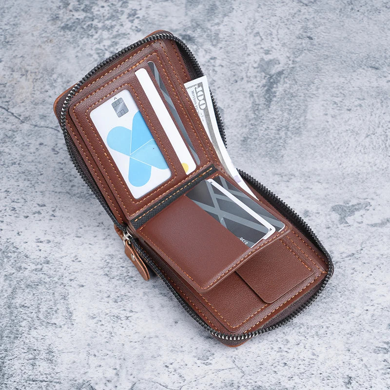 2026 New Men's Short Wallet with Zipper Large Capacity Multi-Card Slot Small Clutch Business Retro Coin Purse