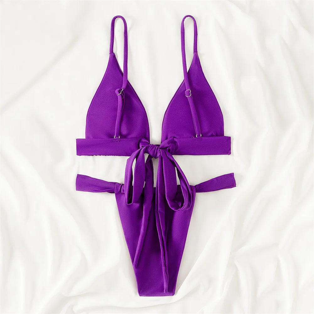 Purple Bikini Triangle Sling Extrem Push Up Swimsuit Backless Bandage Swimwear Women Holiday Beach Outfit Bathing Suit Sexys Set