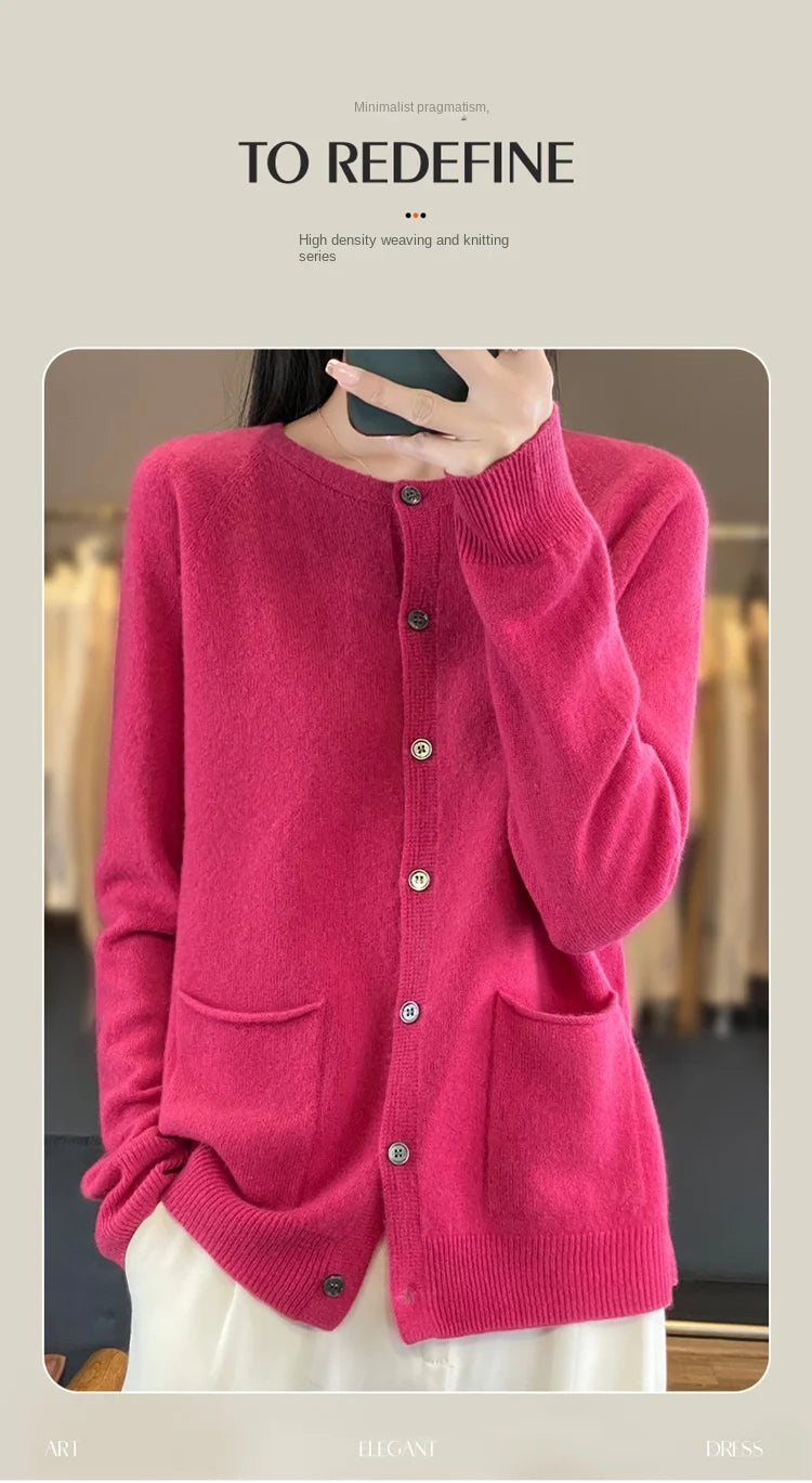 Women's Round Neck Knitted Solid Color Double Pocket Sweater For Autumn And Winter Warm And Loose Knit Cardigan Soft Wool Top ZD