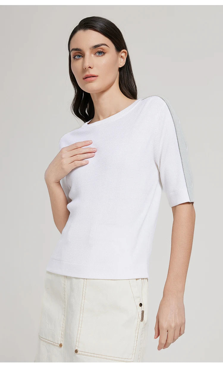 BC1042 Silk Merino Wool Blend Contrast Color Pullover Knitted Sweater for Women Luxury Summer Woolen Ladies Clothing