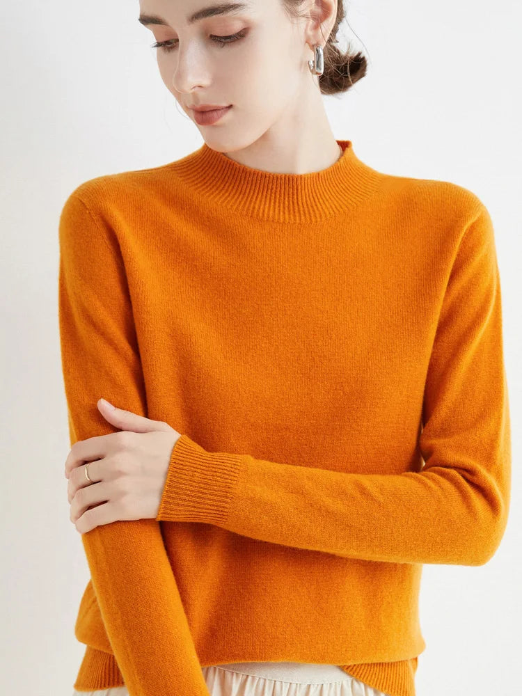 Women 100% Merino Wool Sweater For Autumn Winter  First Line Seamless Half-high Collar Pullover Basic Top OL Solid Soft Cashmere