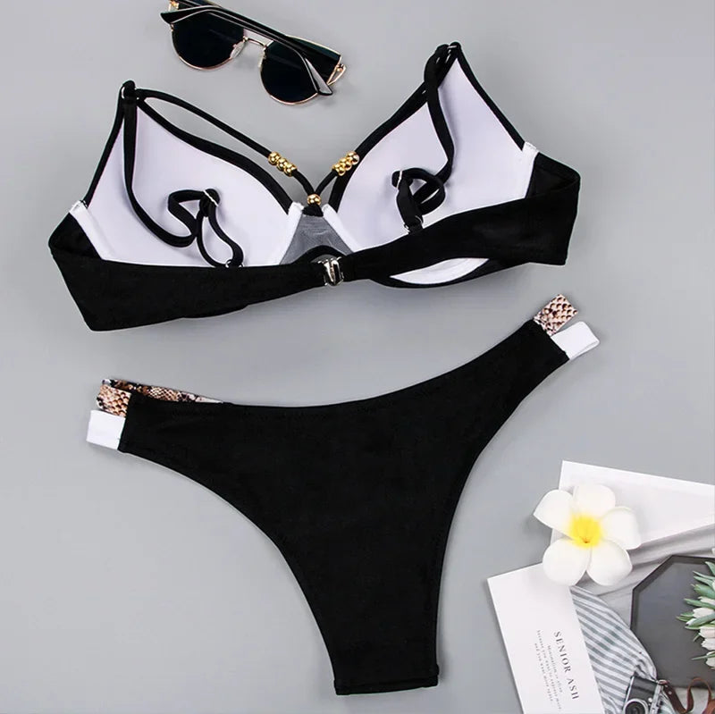 Snake Skin Print Bikini Push Up Leopard Swimsuit Female Hollow Out Swimwear Women Bathing Suit Sexy Cup Bikini Set Monokini