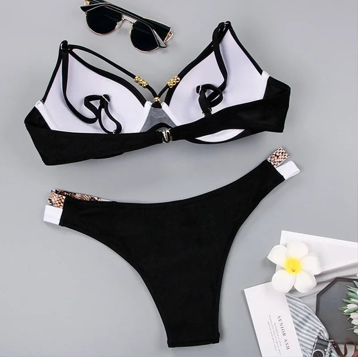 Snake Skin Print Bikini Push Up Leopard Swimsuit Female Hollow Out Swimwear Women Bathing Suit Sexy Cup Bikini Set Monokini
