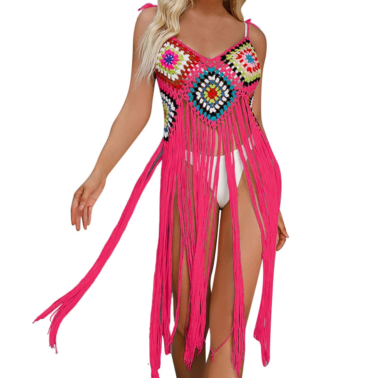 Womens Sexy Tassel Beach Swimwear Mid Length Skirt Flower Block Beach Bikini Cover Up Clothing Women'S Swimsuit 2024 Trend