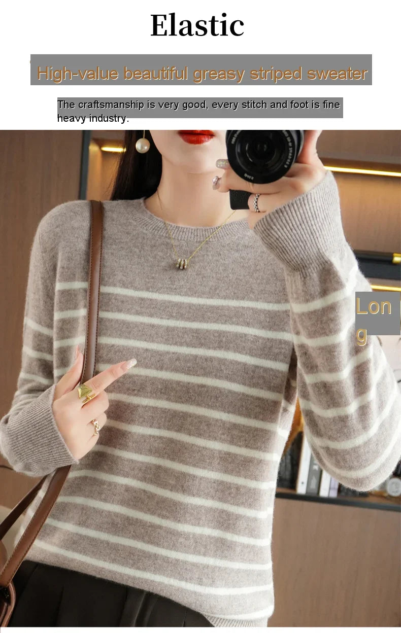 Women's Korean Version Spring Sweater With Dual Color Striped long Sleeved Round Neck New Pullover Sweater Made 100% Cotton  SMY