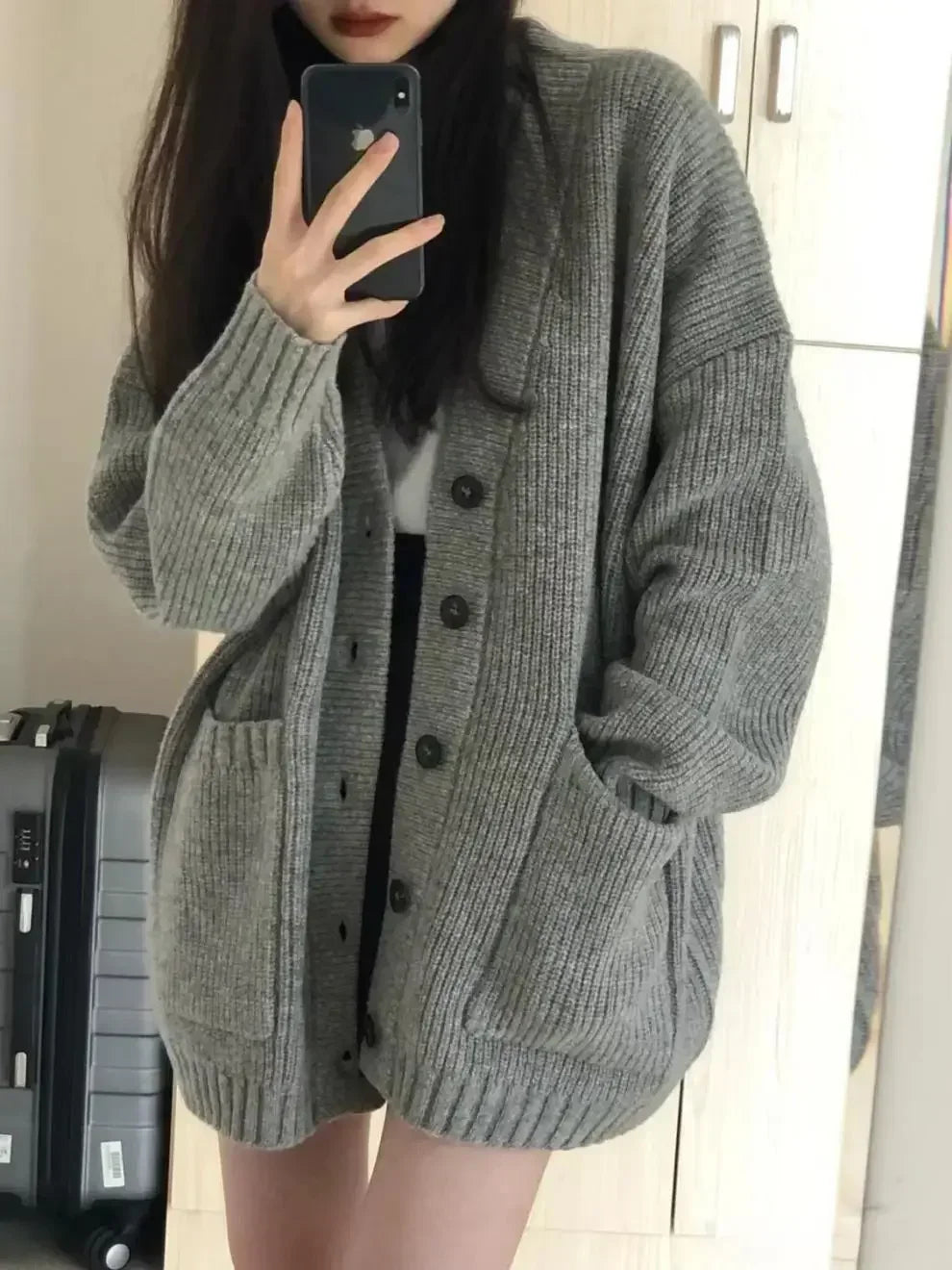 2024 New Preppy Style Women's Knit Sweater Cardigan Loose Fit V-neck Versatile Solid Color Korean Version Pullovers