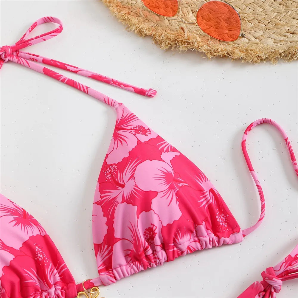 Blue Floral Print Swimwear Halter String Triangle Bikini Micro Mini Thong Sexy Swimsuit Women 2026 Bather Biquinis Bikinis Sets