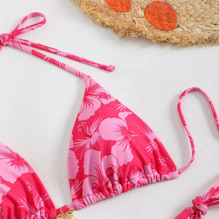 Blue Floral Print Swimwear Halter String Triangle Bikini Micro Mini Thong Sexy Swimsuit Women 2026 Bather Biquinis Bikinis Sets