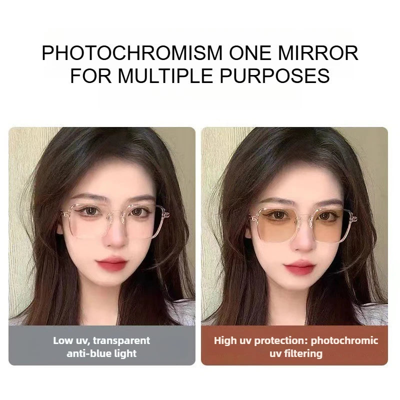 Photochromic Anti Blue Light Blocking Reading Glasses Stylish Large Frames for Man and Woman Presbyopia Eyewea Plano Eyeglasses