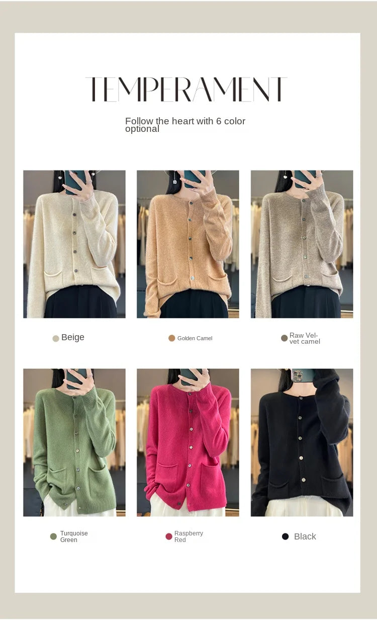 Women's Round Neck Knitted Solid Color Double Pocket Sweater For Autumn And Winter Warm And Loose Knit Cardigan Soft Wool Top ZD