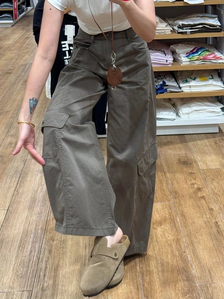 American Style plus Size Military Green Denim Pants Women's Spring Loose Slim Wide Leg Casual Trousers Multiple Pockets