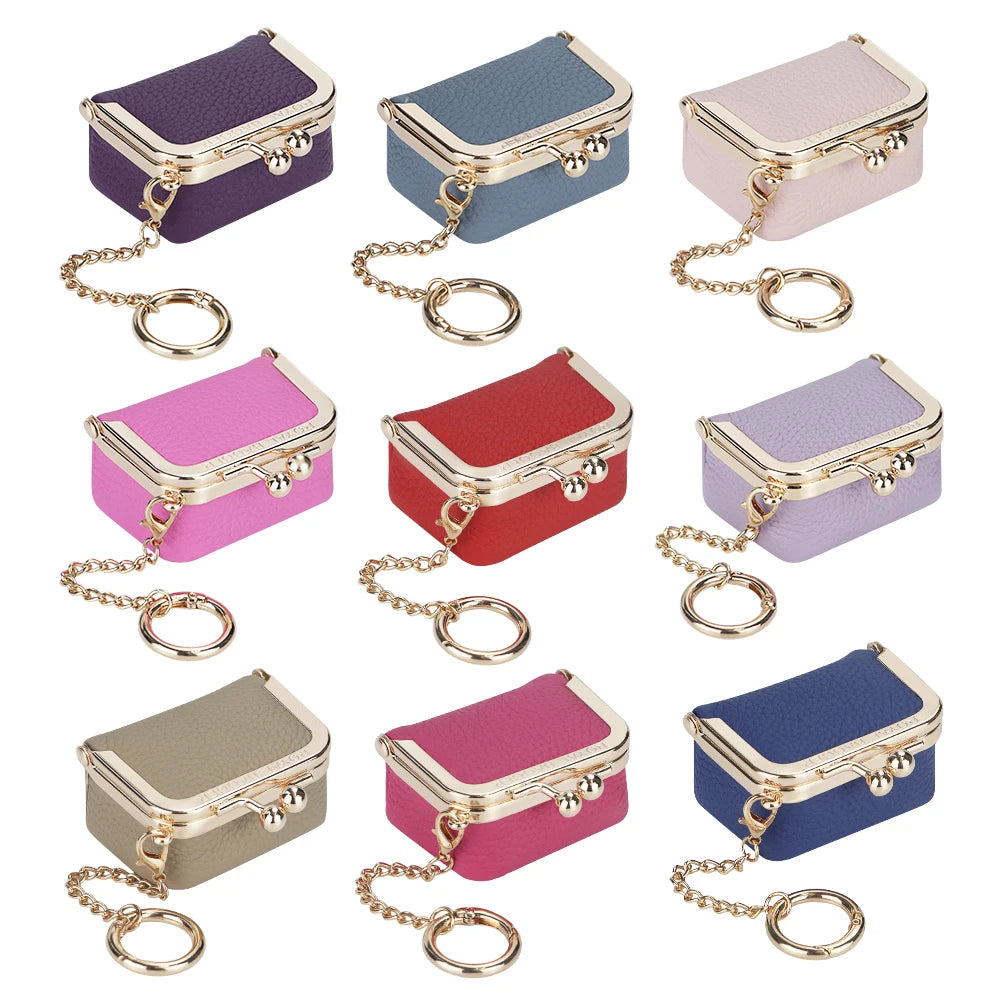 Royal Bagger Wallet Genuine Leather Kiss Lock Coin Purse Solid Color Square Leather Jewelry Bag Multifunctional Mini Small Item