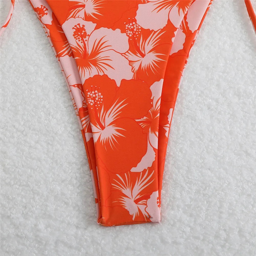 Blue Floral Print Swimwear Halter String Triangle Bikini Micro Mini Thong Sexy Swimsuit Women 2026 Bather Biquinis Bikinis Sets