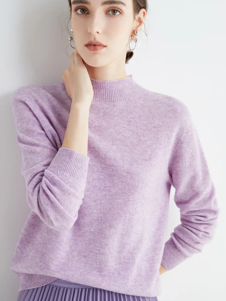 Women 100% Merino Wool Sweater For Autumn Winter  First Line Seamless Half-high Collar Pullover Basic Top OL Solid Soft Cashmere