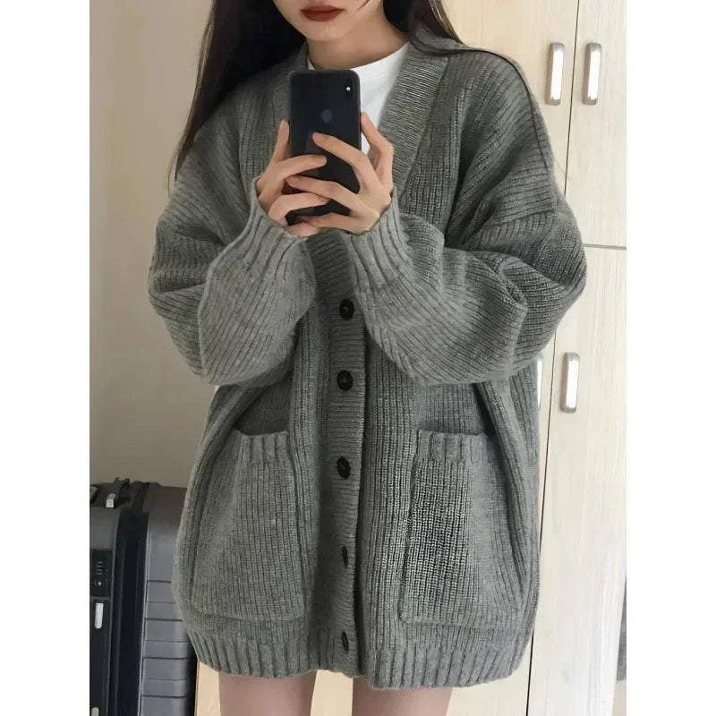 2024 New Preppy Style Women's Knit Sweater Cardigan Loose Fit V-neck Versatile Solid Color Korean Version Pullovers