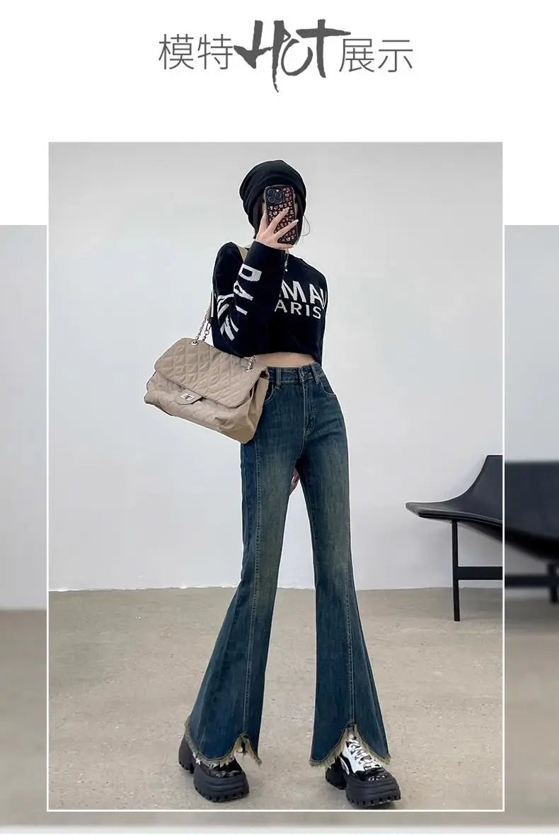 Plus-size slit elastic flared jeans for women, autumn high-waisted slimming straight wide-leg floor-length pants for plus-size