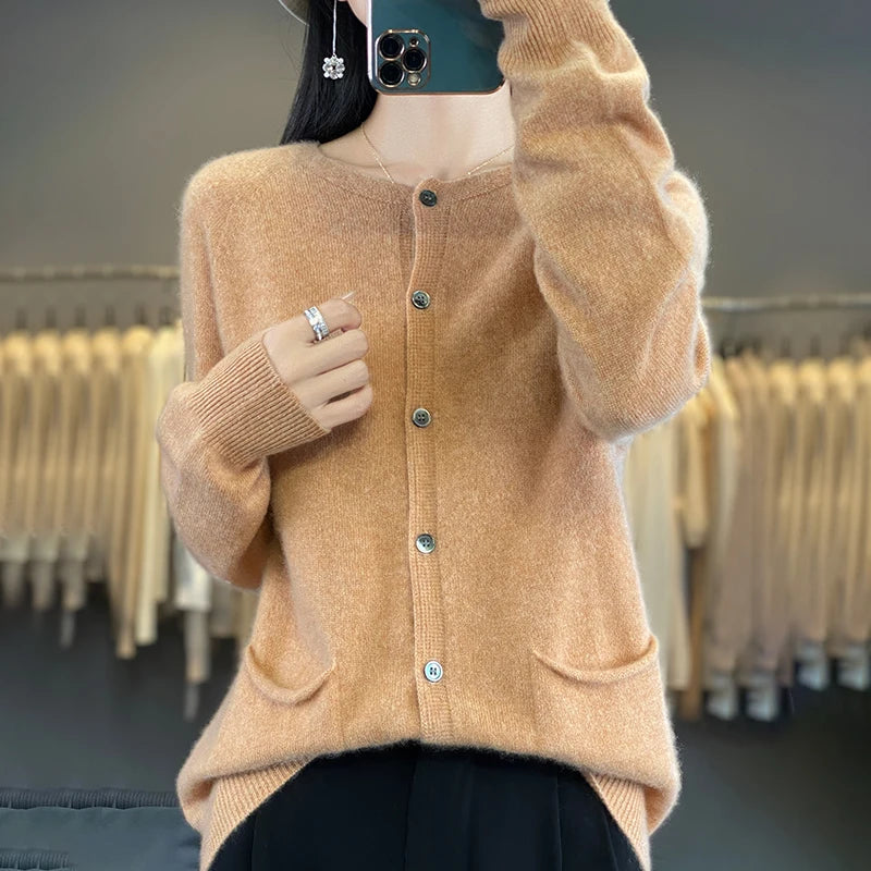 Women's Round Neck Knitted Solid Color Double Pocket Sweater For Autumn And Winter Warm And Loose Knit Cardigan Soft Wool Top ZD