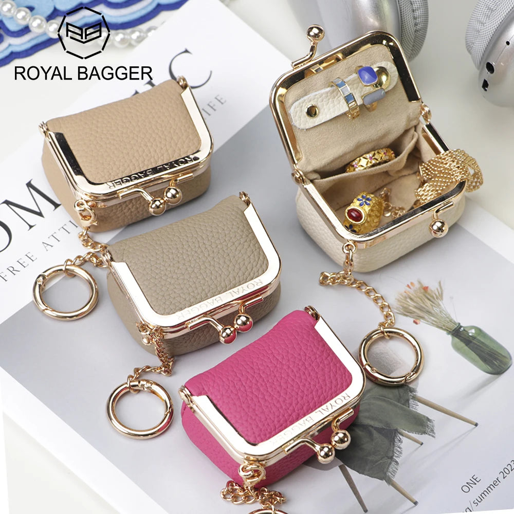 Royal Bagger Wallet Genuine Leather Kiss Lock Coin Purse Solid Color Square Leather Jewelry Bag Multifunctional Mini Small Item