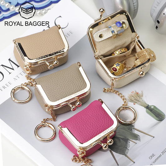 Royal Bagger Wallet Genuine Leather Kiss Lock Coin Purse Solid Color Square Leather Jewelry Bag Multifunctional Mini Small Item
