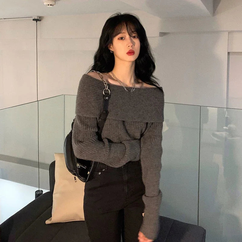 Smvp Slash Neck Knitted Sweater Women Sexy Off Shoulder Long Sleeve Pullovers Female Korean Elegant Thicken Slim Jumpers Top
