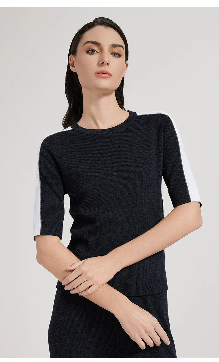 BC1042 Silk Merino Wool Blend Contrast Color Pullover Knitted Sweater for Women Luxury Summer Woolen Ladies Clothing