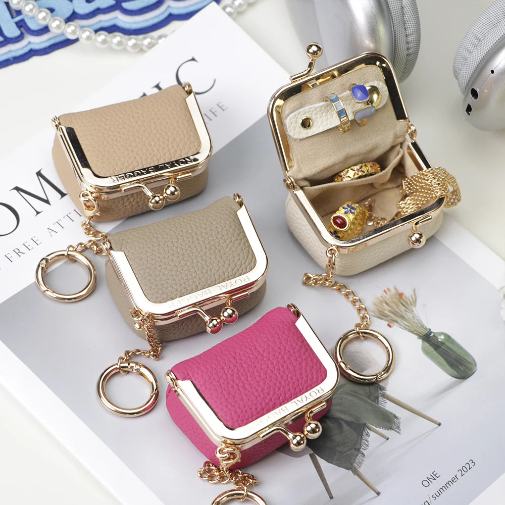 Royal Bagger Wallet Genuine Leather Kiss Lock Coin Purse Solid Color Square Leather Jewelry Bag Multifunctional Mini Small Item