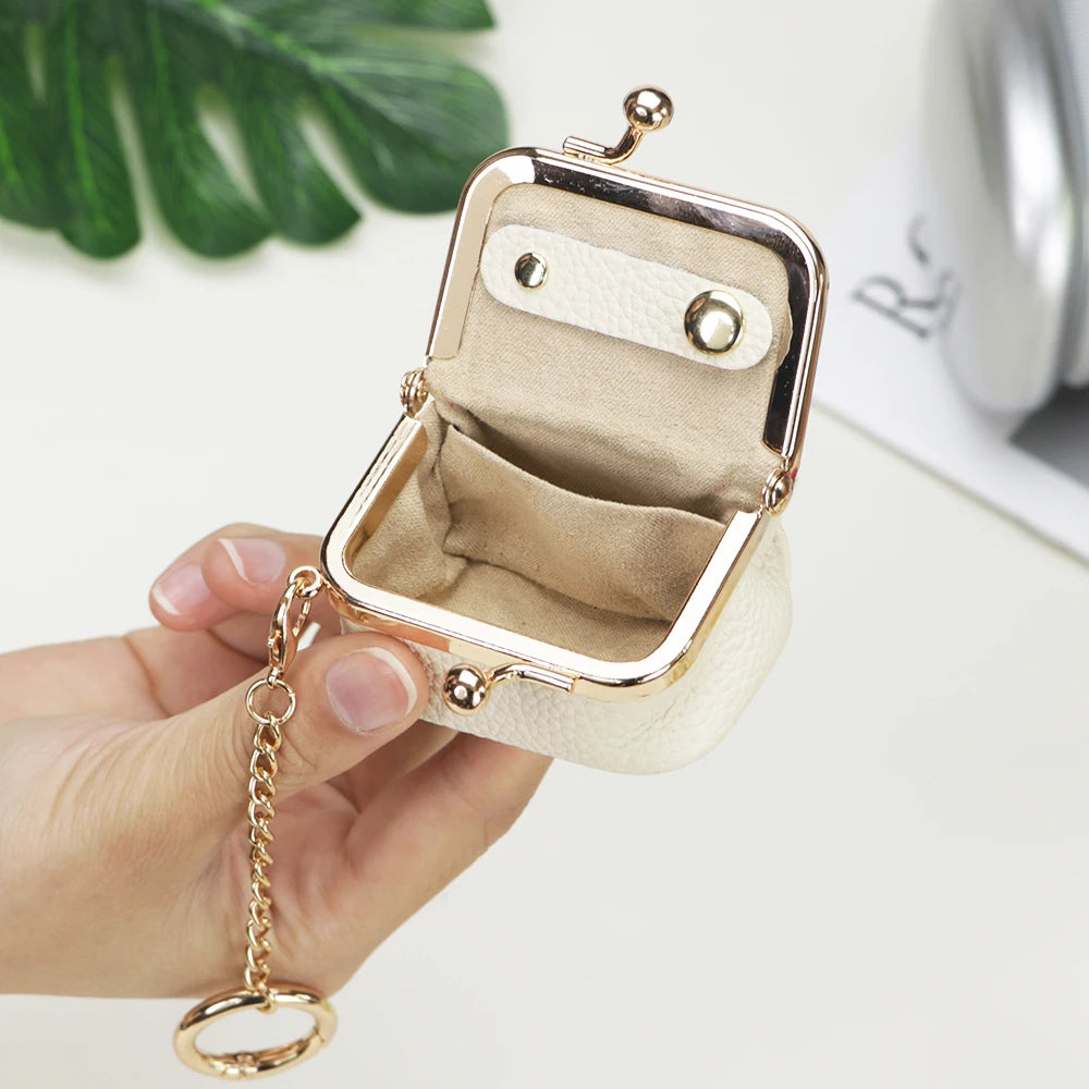 Royal Bagger Wallet Genuine Leather Kiss Lock Coin Purse Solid Color Square Leather Jewelry Bag Multifunctional Mini Small Item