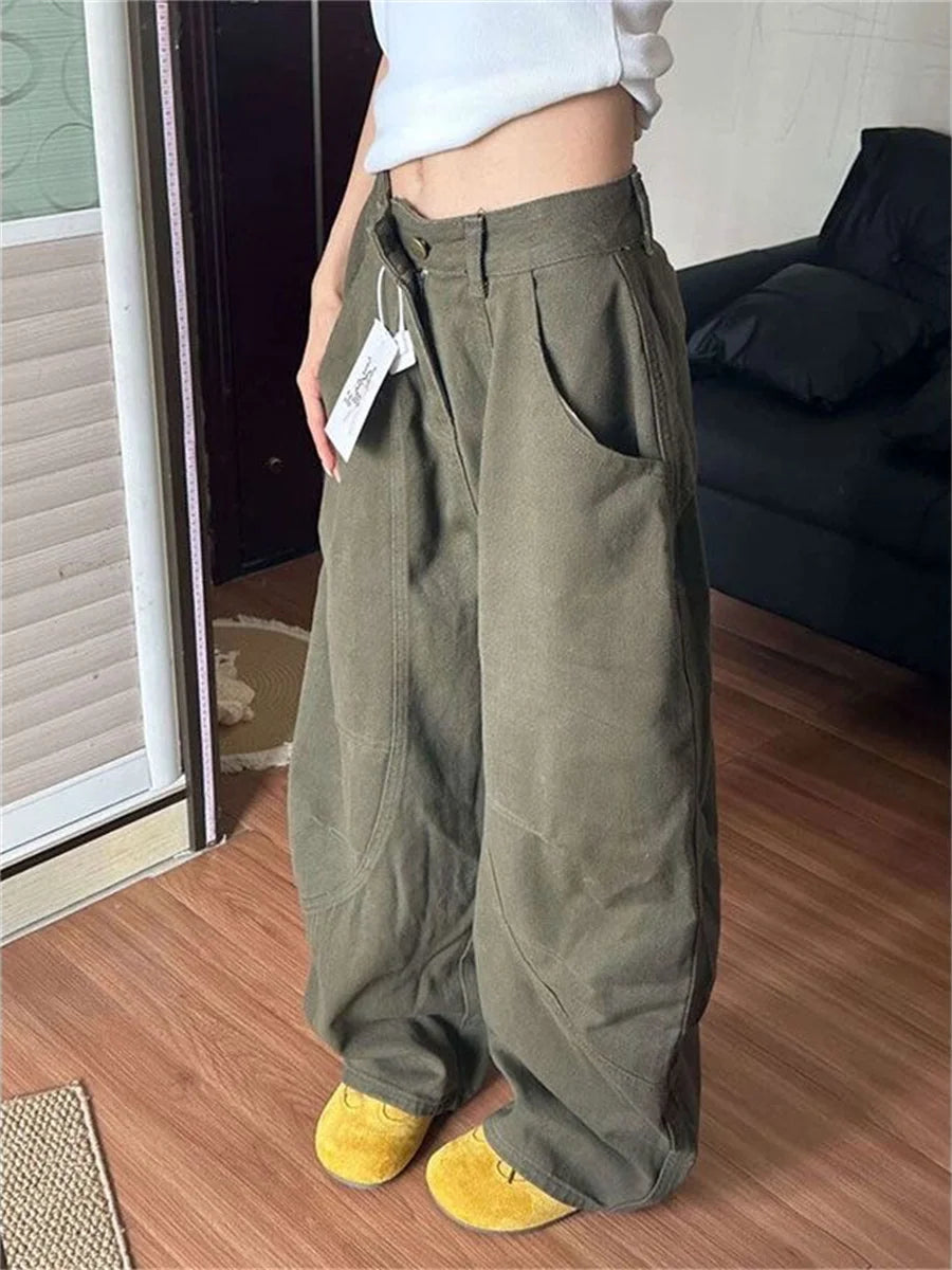 Botvotee Baggye Jeans for Women Army Green High Waist Loose Vintage Y2k  Long Denim Pants Female Fashion Streetwear Washed Jeans