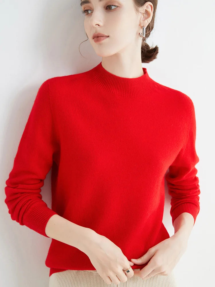 Women 100% Merino Wool Sweater For Autumn Winter  First Line Seamless Half-high Collar Pullover Basic Top OL Solid Soft Cashmere