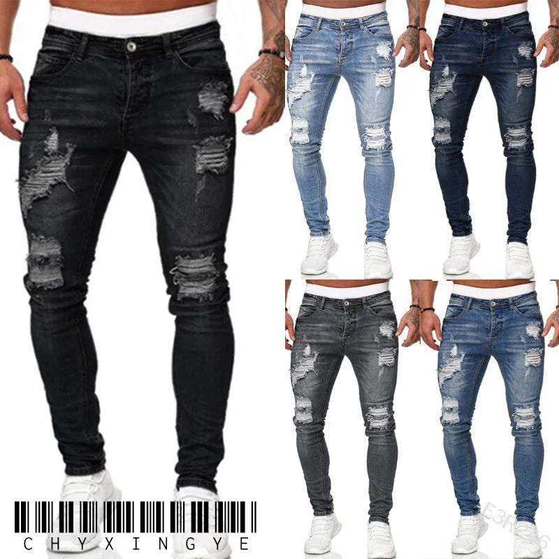 Man Pants Retro Washing Zipper Stretch Jeans Casual Slim Fit Trousers Male Plus Size Pencil Pants Denim Skinny Jeans for Men